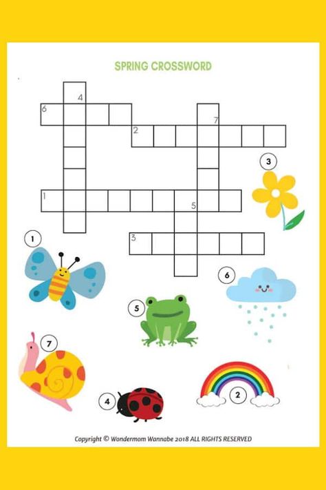 This printable Spring Crossword Puzzle for Kids is a great activity for kids that focuses on spring-related words. Whether you are working on this at home or school, kids will enjoy it. If you are doing lessons about spring time this Spring Crossword Puzzle for kids will fit right in. It is easy to talk to children about the seasons when you have fun activities for them to complete at the same time. I also include some great information to share while the kids are completing this crossword puzzl Spring Crossword, Crosswords For Kids, Crossword Puzzles Printable, Word Puzzles For Kids, Puzzles Printable, Grid Puzzles, Kindergarten Math Worksheets Addition, Alphabet Worksheets Kindergarten, Bible Activities For Kids