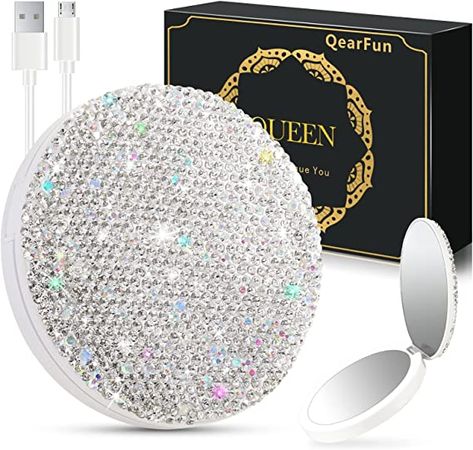 QearFun Luxurious Rhinestone LED Lighted Compact Mirror, Bling Portable Travel Makeup Jeweled Mirrors, 3.5 inch Rechargeable Mini Magnifying Pockets Mirror with Lights, Sparkly Beauty Gifts for Women Travel Makeup Mirror, Travel Size Beauty Products, Mirror 3, Travel Mirror, Makeup Mirrors, Wedding Favors For Guests, Beauty Gifts, Pocket Mirror, Travel Beauty