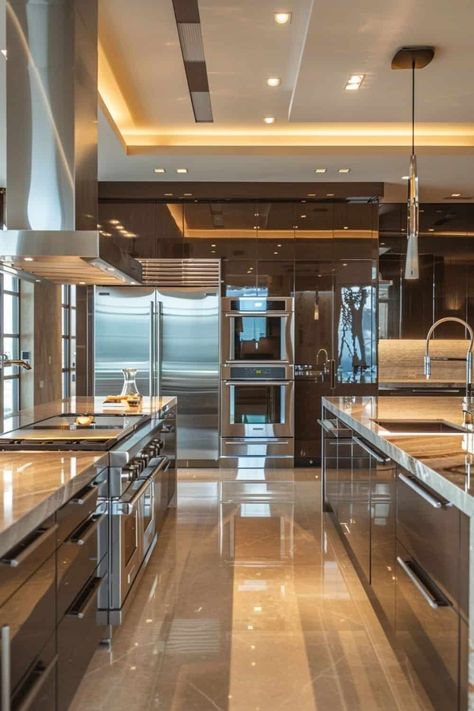 Huge Kitchen Luxury, Kitchen Luxury Modern, Luxury Houses Kitchen, Modern Kitchen Pantry, Mansion Kitchen, Modern Luxury Kitchen, Kitchens Design, Fancy Kitchens, Beautiful Kitchen Designs