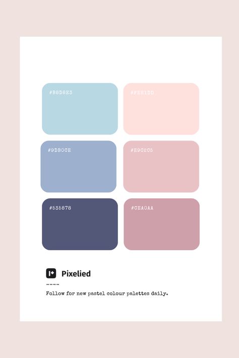 This soft pastel color palette features a blend of gentle blues, pale pinks, and muted purples. These soothing shades evoke a sense of tranquility and elegance, ideal for creating serene and delicate designs in illustration, branding, typography, and web UI. Elegant Pastel Color Palette, Soft Pastel Color Palette, Pastel Color Palette Soft, Web Design Color Palette, Muted Pastel Color Palette, Pastel Pink Color Palette, Pink And Blue Color Palette, Soothing Color Palette, Color Scheme Generator