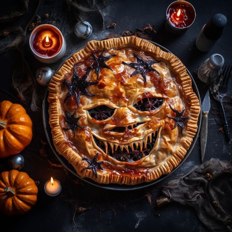 Halloween Shepards Pie, Scary Cherry Pie, Scary Pie Face, Spooky Pie Crust Designs, Half Baked Harvest Halloween, Gross Looking Halloween Food, Halloween Pies Ideas, Halloween Quiche, Witches Ingredients