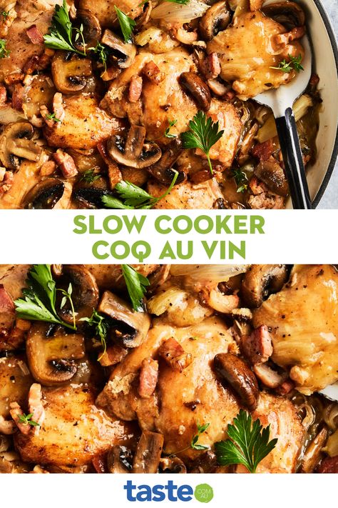 Slow Cooker Coq Au Vin Crock Pot, Coq Au Vin Recipe Slow Cooker, Slow Cooker White Wine Chicken, Coq Au Vin Slow Cooker, Slow Cooker Coq Au Vin, Chicken White Wine Sauce, Slow Cooker Chicken Stew, Chicken Wine, Awesome Chicken