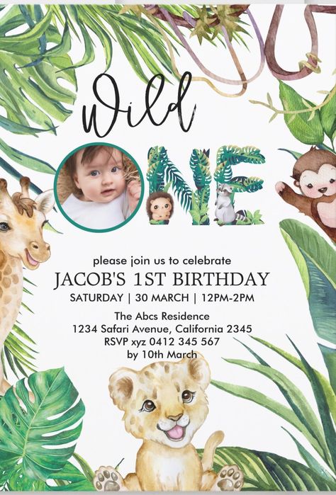 Wild One tropical safari animals themed 1st birthday party invitations for boys featuring a photo of your child. afflink Jungle Photo, Safari Wild One, Theme Jungle, Tropical Safari, Jungle Theme Birthday Party, Birthday Typography, Typography Invitation, Zoo Birthday Party, Safari Animals Birthday