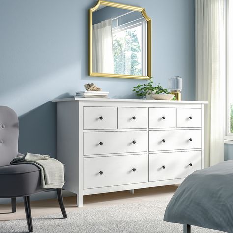 HEMNES 8-drawer dresser, white stain, 63x373/4" - IKEA Wide Chest Of Drawers, Ikea Mirror, 8 Drawer Dresser, Mirror Wall Bedroom, Ikea Hemnes, Large Wall Mirror, Grey Stain, White Stain, Mirror Wall Decor