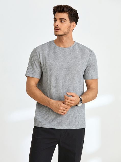 Light Grey Casual  Short Sleeve Polyester Plain  Embellished Slight Stretch  Men Tops Grey Tshirt, Shein Men, Shirt Outfits, Men Tops, Tshirt Outfits, Knit Tees, Grey Shirt, Gray Background, Gray Tshirt