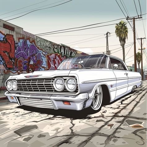 Low Rider Cars Drawing, Lowrider Cars Old School, Old School Cars Vintage, Lowriders Art, Lowrider Drawings, Lowrider Tattoo, Impala Lowrider, Chicano Lettering, Low Riding