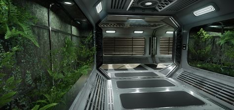 Living In Spaceship, Spaceship Interior Aesthetic, Spaceship Bedroom Concept Art, Overgrown Spaceship, Alien Spaceship Interior, Inside Of A Spaceship, Spaceship Concept Interior, Spaceship Rooms, Spaceship Interior Design