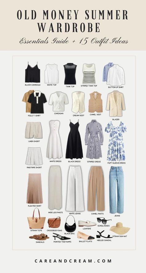 Upgrade your summer look with our Old Money Summer Capsule Wardrobe! We've put together 15 elegant outfit ideas that will awaken your old money style with a mix of 25+ chic summer essentials. Feel confident owning your aesthetic this summer with the relaxed yet refined old money summer style. These outfit ideas are truly an inspiration for crafting your timeless capsule wardrobe. Plus: old money look, old money summer outfits, quiet luxury. Modern Money Outfits, Wardrobe Glow Up, Old Money Summer Wardrobe, Old Money Style Summer Women, Quiet Luxury Summer Outfit, Elegant Mom Outfits, Summer Classic Outfits, Chic Summer Outfits 2024, Classic Aesthetic Outfits