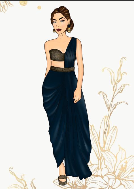 Navy blue with belt Indo Western Illustration, Western Illustration, Indo Western Saree, Indo Western Dresses For Women, Western Dresses For Women, Casual Attire For Women, Indo Western Dress, Fashion Illustration Dresses, Art Women