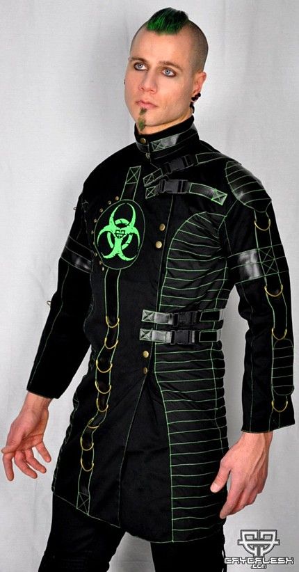 $65.99 Bio-Decy Jacket from Cryflesh; it matches the pants! the green glooooows Cyberpunk Theme Outfit, Punk Outfits Men, Goth Outfits Men, Cyberpunk Goth, Cybergoth Fashion, Dc Oc, Office Goth, Industrial Theme, Cyberpunk Clothing