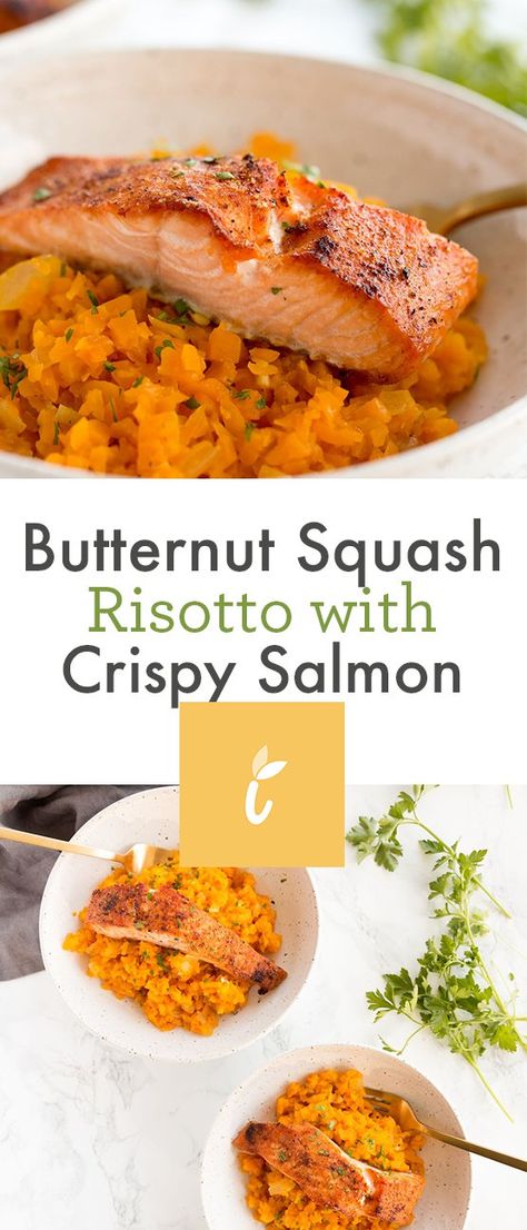 Butternut Squash Risotto with Crispy Salmon Butter Squash Recipe, Filet Mignon Chorizo, Crispy Salmon, Squash Risotto, Butternut Squash Risotto, Butternut Squash Recipes, Pescatarian Recipes, Squash Recipes, Seafood Dishes