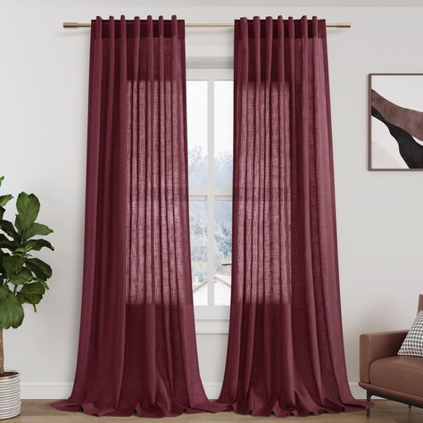 PRICES MAY VARY. READY MADE: 2 Burgundy Linen Curtain Panels per package.Each panel measures 52 inches wide by 96 inches long. Top design of Back tab & loop pocket provide 3 hanging options. <1> hanging from the back patch to create an elegant pleated look, <2> from the 3 inch rod pocket for a classic look <3> Hanging with clip rings for easy, slide open and closed (clip rings are not included) LINEN BLEND FABRIC: Crafted from rich flax linen fabric blended with polyester featuring a neutral lin Curtains Modern Farmhouse, Burgundy Curtains, Linen Curtain Panels, Linen Curtain, Red Curtains, Curtain Texture, Curtain Lights, Cotton Texture, Modern Farmhouse Decor