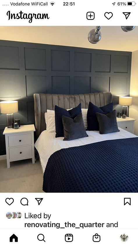 Midnight Blue Bedroom, Boys Bedroom Grey, Grey Headboard Bedroom, Panelling Ideas, Panels Design, Scandi Bedroom, Navy Bedrooms, Blue Bedroom Walls, Navy Blue Bedrooms