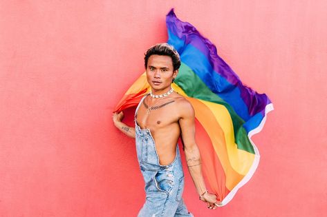 Portrait of a handsome young man holding pride movement LGBT rainbow flag against a pink wall. Man with a pride flag looking at camera outdoors. Rainbow Flag Lgbt, Folded Arms, Happy Guy, Lgbt Flag, Pink Wall, Rainbow Flag, Male Poses, Pride Flag, Pose Reference Photo