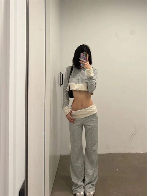 Color: Grey, Size: S Aesthetic Body Goals, Gyaru Outfits, Desired Appearance, Gray Sweatpants Outfit, Body Dr, Y2k Gyaru, Y2k Outfits Summer, Korean Y2k, Patchwork Hoodie