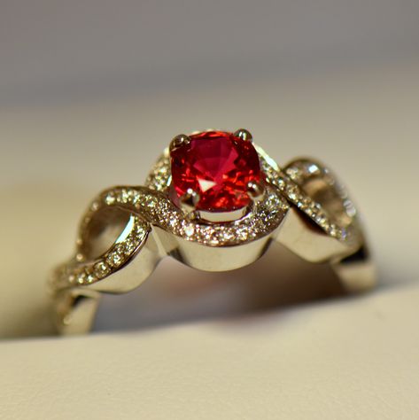 Photos cannot do this ring justice! Natural Red Spinels are scarce on the market today, and these neon-red gems have developed a collector following as “Jedi Spinels” since they show no dark side. This ring is almost certainly this material; we sourced it from a Spinel collector who claimed that the stone originated in the famed Namya mines, though it could easily be from Mansin. Mineral Jewelry, Red Spinel, Gems Jewelry, Burmese, Exquisite Jewelry, Natural Red, Dark Side, Heart Ring, Diamond Ring