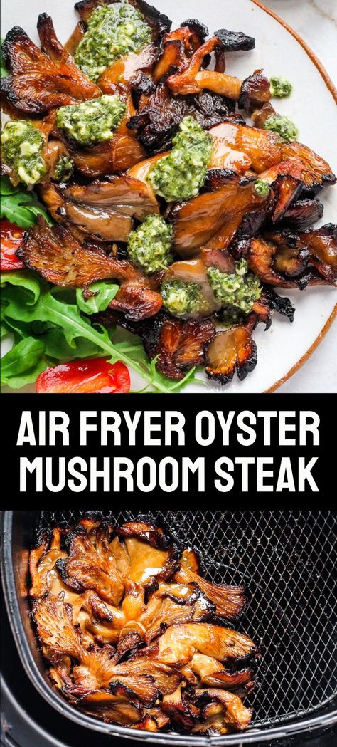 Transform your oyster mushroom cluster into a meaty "steak" with this easy air fryer recipe! We marinade it in a garlicky balsamic glaze, then air fry it to crispy perfection. This is a great jumping off point for recreating your favorite recipes to be vegetarian or vegan, or simply for enjoying oyster mushrooms in a new way! Air Fryer Oyster Mushrooms, King Oyster Mushroom Recipe, Air Fryer Mushrooms, Cooked Mushrooms, Mushroom Recipes Vegan, Oyster Mushroom Recipe, Cooked Oysters, Mushroom Recipes Healthy, Mushroom Recipe