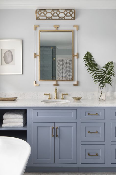 One home got MAJOR kitchen and bathroom renovations using Corian®️️ Quartz surfaces—and the envy is real. Tap to get inspired by the home redesigned by Libby Langdon! #Sponsored Blue Gold Bathroom, Sink Refinishing, Master Baths, Mold In Bathroom, Luxury Bathrooms, Aesthetic Bathroom, Brass Bathroom, Gold Bathroom, Modern Baths