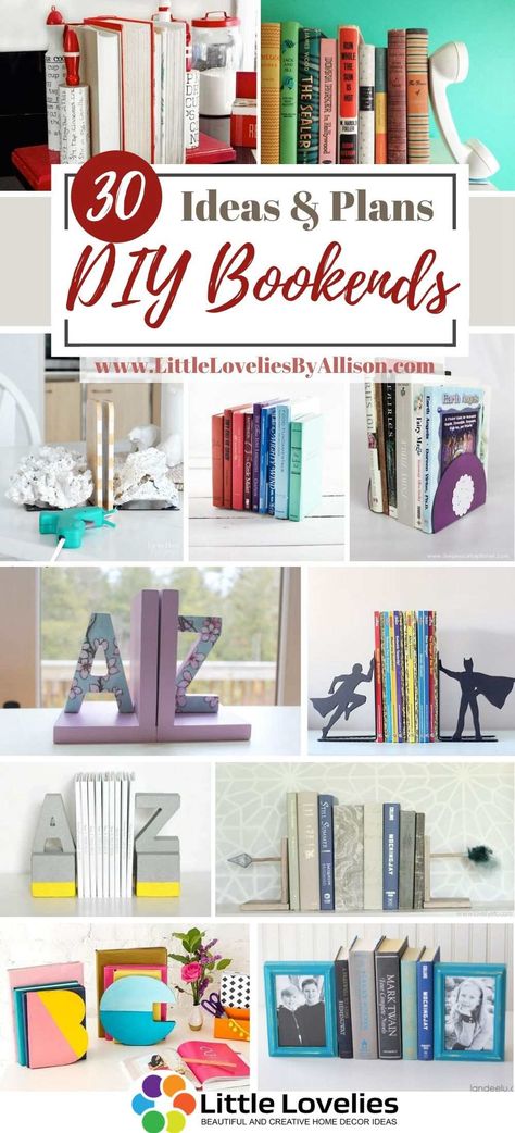 Diy Book Shelf Decor, How To Make Book Ends Diy, Book Holders Diy, Book Ends Ideas Diy, Homemade Book Ends, How To Make Bookends, Diy Wooden Bookends, Diy Book End Ideas, Diy Book Ends Wood