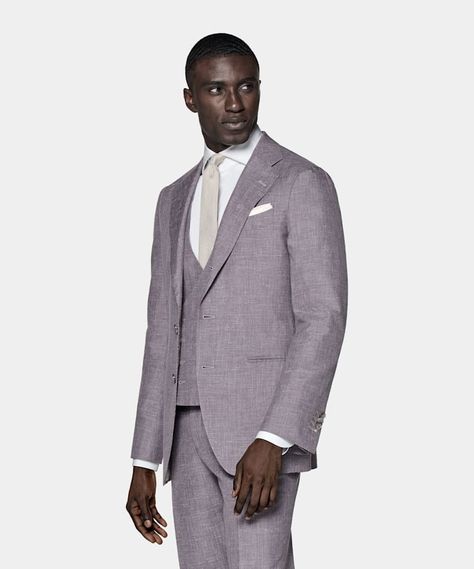 For those special events that call for a standout touch of color, this pale purple Havana suit is sure to make an unforgettable highlight—available as a three-piece with an accompanying double-breasted waistcoat. Wedding Suits For Men, Groom And Groomsmen Suits, Double Breasted Waistcoat, Dress Code Wedding, Pale Purple, Groom Groomsmen, Linen Suits, Groomsmen Suits, Silk Linen