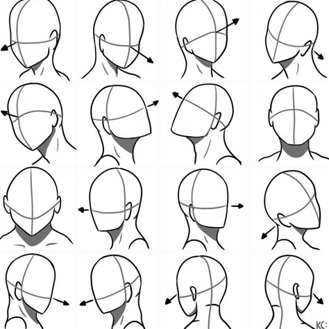 Head Directions Drawing, Turned Head Drawing Reference, Face Direction Drawing, Side Profile Reference Looking Down, Eye Drawing Profile, Anime Eyes Different Angles, Face Direction Reference, Anime Head Angles Reference, Oblique From Behind Head Drawing