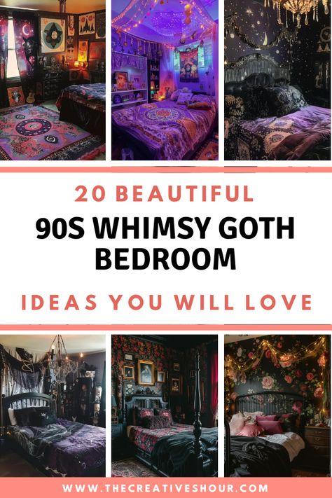 20 Amazing 90s Whimsy Goth Bedroom Ideas You Should See Whimsic Gothic Aesthetic, Spooky Eclectic Decor, Spooky Aesthetic Bedroom Ideas, Gothic Boho Home Decor Bedroom, 90s Witch Bedroom, Cottagegoth Bedroom, Whimsy Goth Office, Goth Mobile Home, Art Nouveau Bedroom Ideas