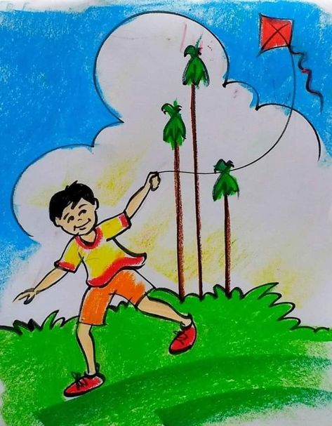 Easy Drawing for children and teachers Easy Drawing For Children, Drawing For Children, Drawing Pictures For Kids, Scenery Drawing For Kids, Drawings For Kids, Flying Kite, Hand Art Kids, Oil Pastel Drawings Easy, Oil Pastel Colours