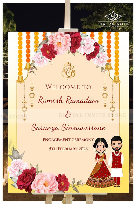 This Indian Engagement sign template download is one, that you can easily play around with to match your Indian wedding decor & theme.
While the base has been already designed for you, the idea here is to make it personal with your style, by adding your own personality to it!

Personalizing & printing your own Ring Ceremony Entry Sign for Engagement Welcome Sign Indian has never been easier and your editable Indian couple Engagement Welcome Sign Hindu can be printed anywhere you choose Engagement Boards Welcome Indian, Ring Ceremony Welcome Board, Engagement Entry Board, Engagement Invites Indian, Engagement Welcome Board, Engagement Entry, Indian Ring Ceremony, Engagement Decorations Indian, Hindu Engagement