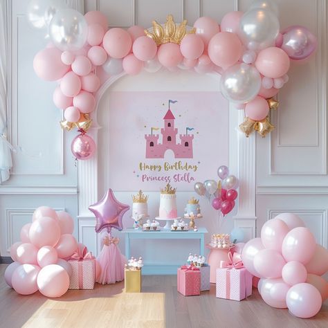 Perfect for your little princess! Our custom princess castle birthday backdrop is perfect for any age birthday party. This princess themed banner is perfect for decoration, dessert table or photo backdrop prop for photos!  This banner is a light blush pink background. Each line of text is customizable, just write in the personalization field what you would like on the banner. Our banners are printed on a lightweight polyester, that folds up easily. And we've included built-in ties which make it a breeze to hang up (or simply snip the ties off with scissors if you prefer to use tape or thumbtacks to mount the banner). Small Princess Birthday Party, Princess Castle Birthday Party, Princess Theme 2nd Birthday Party Ideas, Disney Princess Birthday Balloons, Princess Castle Birthday Decorations, Pink Princess Party Decorations, At Home Princess Birthday Party, First Princess Birthday Party, Princess Birthday Decoration Ideas