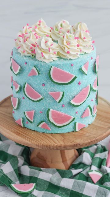 Mandy Merriman - Baking with Blondie on Instagram: "Summertime is still in full swing and what better way to celebrate than an icy blue cake covered in watermelons made with colorful @wiltoncakes candy melts? Here's how to make this fun design in a snap! 🍉 Start with melting white, pink, and green candy melts in the microwave for 30 seconds, stir. 🍉 Add the Candy Melts candy to a piping bag and snip off the tip. Pipe a circle of pink on a square of parchment paper. Repeat (pipe lots of circ Mandy Merriman, Baking With Blondie, Piping Bag, Blue Cakes, Wilton Cakes, Green Candy, Cake Cover, Vanilla Buttercream, Candy Melts