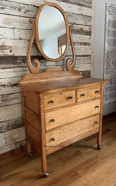 Dressers Bedroom Vintage, Antique Dresser Nightstand, Refinished Dresser Diy Antique, Antique Oak Dresser Makeover, Vintage Dresser Restoration, Antique Furniture Flip, Antique Dresser Restoration, Antique Dresser In Nursery, Refinished Dresser With Mirror