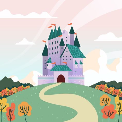 Discover thousands of free-copyright vectors on Freepik Castle Vector Illustration, Princess Castle Illustration, Castle Illustration Fairytale, Castles Illustration, Reading A Book Illustration, Fairytale Cartoon, Castle Concept, Castle Mural, Castle Cartoon