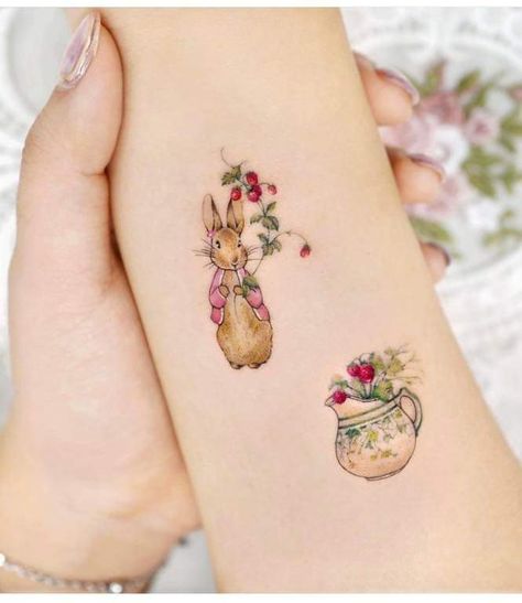 Book Tattoos, Strawberry Tattoo, Tiny Tattoos For Women, Rabbit Tattoo, Bookish Tattoos, Bunny Tattoos, Mommy Tattoos, Rabbit Tattoos, Cute Little Tattoos