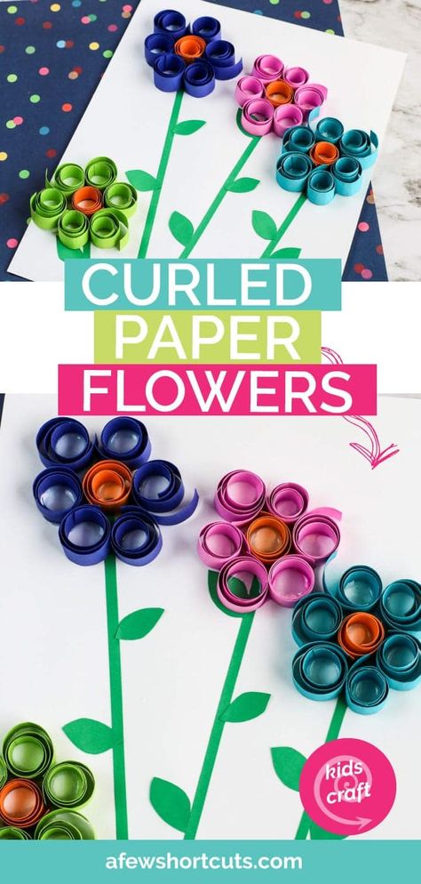 Pull out the construction paper and scissors for the kids. Time to make these fun Curled Paper Spring Flowers. Such a fun Kids Craft. | @AFewShortcuts #kidscraft #spring #craft #preschool #elementary #homeschool Flowers Kids Craft, Paper Spring Flowers, Construction Paper Flowers, Paper Flowers For Kids, Diy Paper Art, Paper Spring, Construction Paper Crafts, Kids' Crafts, Crafts For Kids To Make