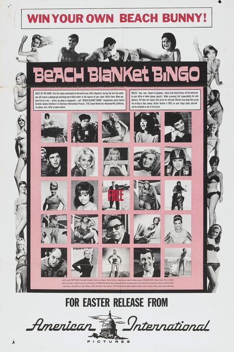 Movie Poster for the AIP film "Beach Blanket Bingo" (1965), starring Annette Funicello and Frankie Avalon Marta Kristen, Beach Blanket Bingo, Frankie Avalon, Annette Funicello, Linda Evans, Usa Party, Party Characters, Cult Movie, Beach Bunny