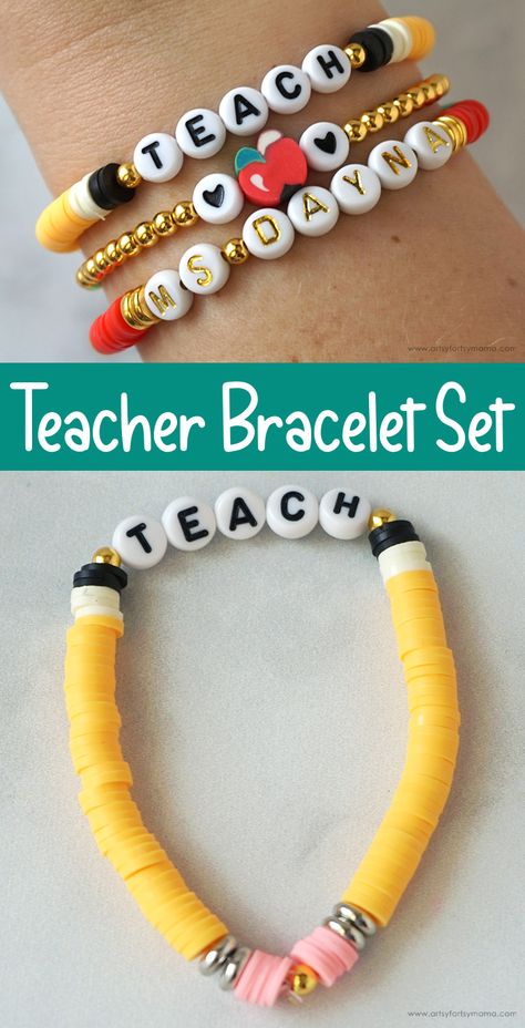 Polymer Clay Teacher Bracelet, Teacher Appreciation Bracelet Ideas, Heishi Bracelet Ideas Teacher, Beaded Bracelet With Words, Cute Clay Bead Bracelet Designs, Heishi Bracelet Ideas Diy, Pencil Bracelet Diy, How To Make Heshi Bead Bracelets, Making Heishi Bracelets