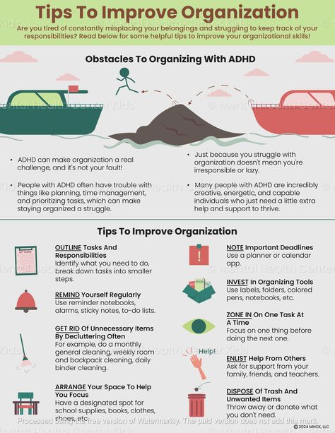 Getting organized involves systematically arranging things for better efficiency and clarity. This is a valuable skill; however, many individuals with ADHD struggle to keep track of their belongings or manage their tasks. Fortunately, there are ways to make organizing more manageable for them. The ADHD Tips To Improve Organization addresses the challenges clients with ADHD face in staying organized. It offers strategies to improve their organizational skills, such as creating outlines, noting important deadlines, and investing in tools. Using this handout can help kids and teens learn how to prioritize tasks, improve their planning skills, and make better use of their time — which leaves them feeling less stressed and more focused. Parents and teachers can support kids' efforts to improve How To Stay Organized, Writing Organization, Organizational Skills, Executive Function, Organization Skills, Therapeutic Activities, Executive Functioning, Neurology, Mental And Emotional Health