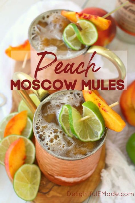 Ginger Peach Moscow Mule - Moscow Mule Recipe - Delightful E Made Fruity Moscow Mule Recipe, Mocktail Mule Recipe, Mules Drink Recipes, Peach Mule Recipe, Mango Mule Recipe, Mango Moscow Mule Recipe, Pineapple Moscow Mule Recipe, Flavored Moscow Mule Recipe, Flavored Mules