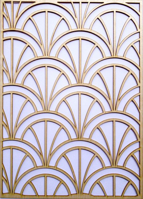 PLEASE NOTE: If the size you want is larger than 60cm x 89cm, please email info@stencilup.co.uk for a quotation. Please add any further instructions at checkout. Our best selling stencils are now available as a wooden inlay / onlay for upcycling furniture. Available as bare wood, this beautiful Art Deco pattern will quickly uplift your furniture projects. These inlays are cut exactly to the size you need, with laser precision. The backing is a strong adhesive so once you have finished painting y Art Deco Arches Wallpaper, Art Deco Interior Kitchen, Art Deco Stencils, Art Deco Arches, Art Deco Screen, Leaf Wall Stencil, Wooden Inlay, Art Deco Stencil, Art Deco Arch