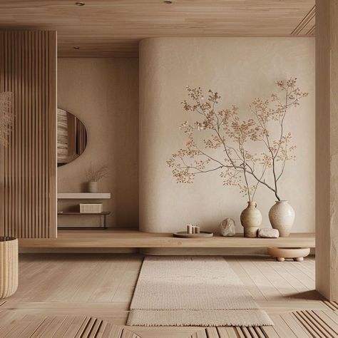 Modern Genkan, Modern Japandi Living Room, Japanese Hallway, Living Room Japandi, Japandi Interior Design, Zen Interiors, Japandi Interiors, Eksterior Modern, Japandi Living