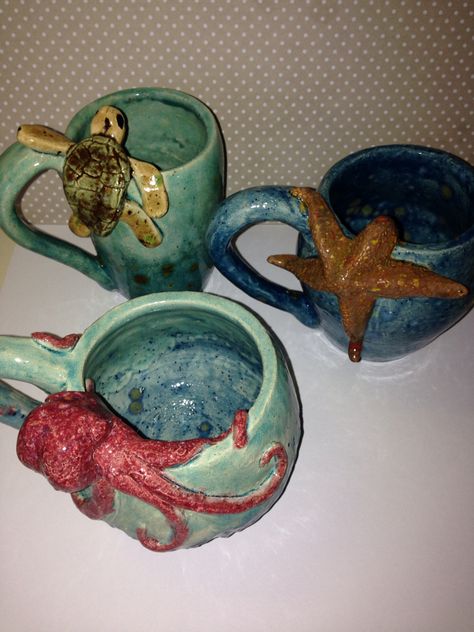 'Under the Sea' mug set- Mackenzie Mayo Sea Creature Ceramics, Animal Cafe, Ceramics Ideas, Clay Mugs, Creative Things, Sea Theme, Ceramics Ideas Pottery, Class Ideas, Art References