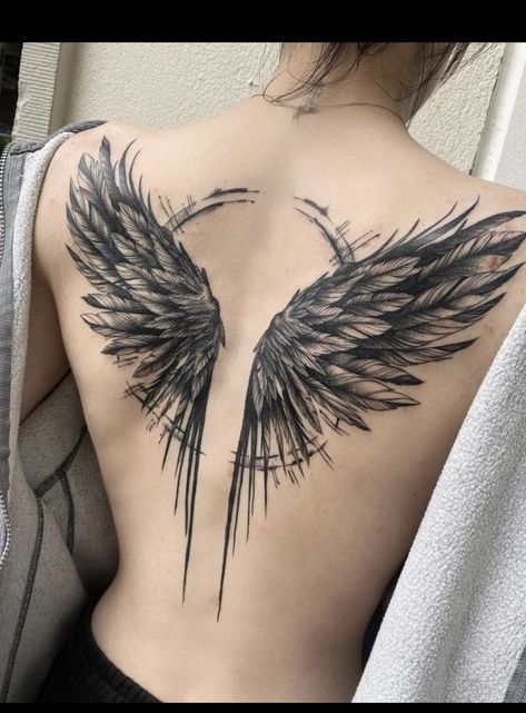 Angel Wing Full Back Tattoo, Freedom Back Tattoo, Full Back Wings Tattoo Men, Tattoo Angel Wings Back, Raven Wings Tattoo Back, Spine Tattoos Wings, Wings Tattoo Women, Wing Tattoo Women, Back Wing Tattoos For Women