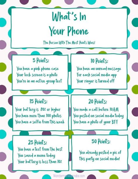 Free Whats In Your Phone Game Printable, Simple Slumber Party Ideas, Whats On My Phone Game Questions, Free Printable Whats On Your Phone Game, Cell Phone Games For Party, Whats In Your Phone Game Printable Free, Whats In My Phone Questions, Whats On Your Phone Game Free Printable, What's In My Phone