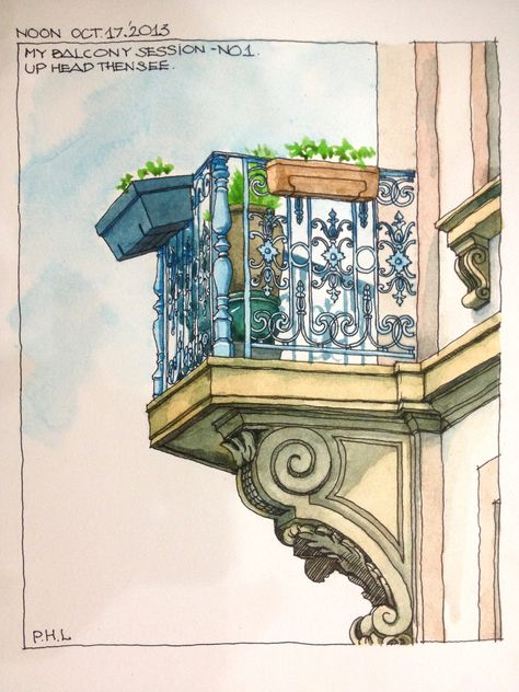 #archlinh #urbansketching #balconies #watercolors Balcony Art Drawing, Balcony Sketch Drawing, Balcony Tattoo, Balcony Watercolor, Balcony Sketch, Balcony Drawing, Watercolor Architecture, Rennaissance Art, Pondicherry