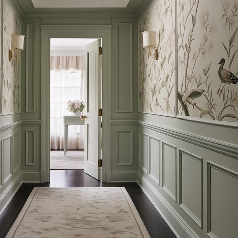 Box Trim And Wallpaper, Classic Wainscoting Ideas, High Trim On Walls, Colonial Wainscoting Ideas, Dark Wainscoting Hallway, Wallpaper In Wall Moulding, French Style Panelling, Wainscoting Whole Wall, Molding On Walls With Wallpaper