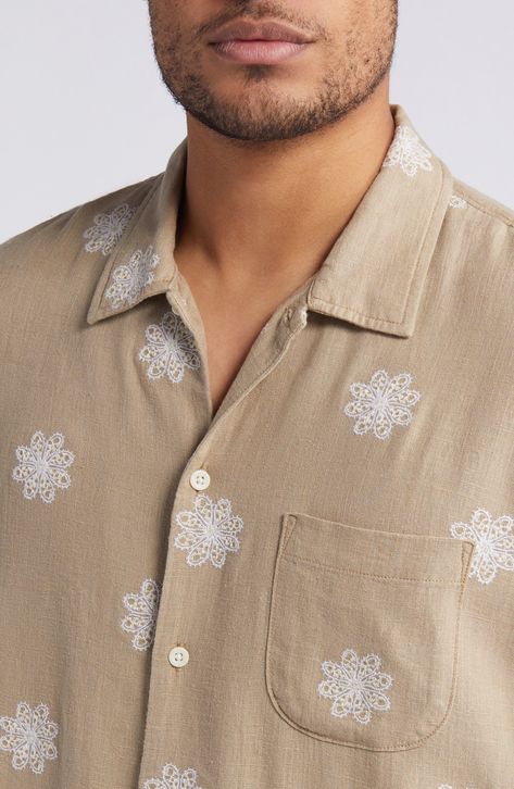 Lacy embroidered flowers fall atop a relaxed camp shirt made with a touch of breathable linen. 28" length; 45" chest (size Medium) Front button closure Notched collar Short sleeves Chest patch pocket 77% viscose, 23% linen Machine wash, line dry Imported When you buy Treasure & Bond, Nordstrom will donate 2.5% of net sales to organizations that work to empower youth Viscose Shirt Men, Mens Embroidered Shirt, Mens Wear, Stylish Mens Outfits, Shirt Embroidery, Camp Shirt, Mens Shirt, Designer Clothes For Men, Notched Collar