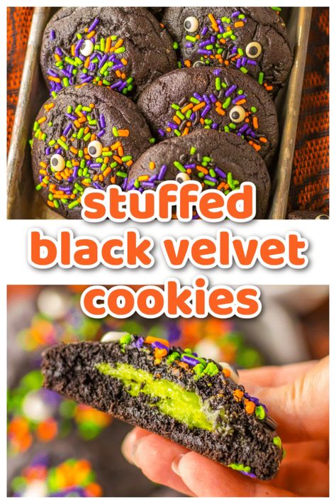 Stuffed Black Velvet Cookies - Life With The Crust Cut Off Stuffed Cheesecake, Cookies Stuffed, Cream Cheese Ball, Velvet Cookies, Black Food Coloring, Halloween Sprinkles, Dark Chocolate Cookies, Red Velvet Cookies, Baking Cocoa