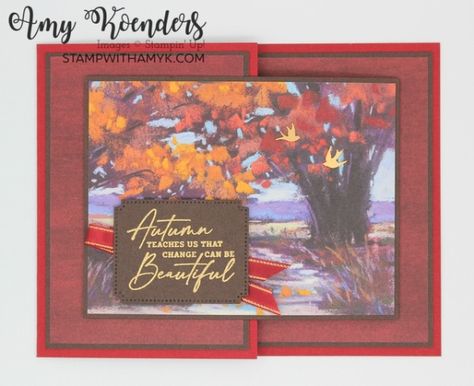 Stampin’ Up! Autumn Leaves Change Can Be Beautiful Fun Fold Card for the Happy Inkin’ Thursday Blog Hop – Stamp With Amy K Stampin Up Splendid Autumn Dsp, Splendid Autumn Stampin Up Cards, Change Can Be Beautiful, Mini Cat, Leaf Cards, Hand Stamped Cards, Fall Mini, Thanksgiving Cards, Some Cards