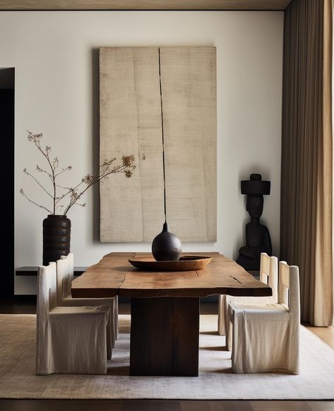 Transform your home into a serene sanctuary with my latest design inspiration🌿🤍 I’ve created these stunning images using artificial intelligence, showcasing how earthy colors and natural materials can bring timeless elegance to your space. Picture a light grey-beige textured sofa, a raw-edge wooden dining table, and large abstract canvases adding sophistication to your rooms. In the bedroom, a natural wood bed frame paired with light linen curtains creates a cozy retreat. Vintage ceramics a... Natural Wood Bed Frame, Wabi Sabi Dining Table, Modern Rustic Dining Room, Textured Sofa, Wabi Sabi Dining, Natural Wood Bed, Dining Room Interior, Kitchen Table Chairs, Textured Carpet