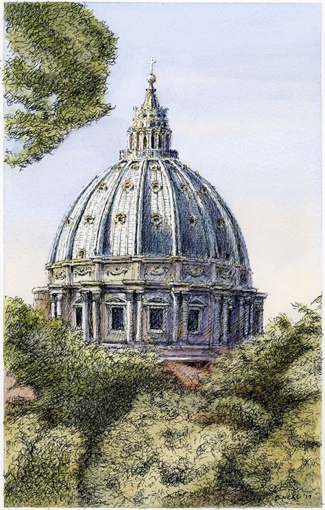 ST PETERS DOME, ROME by Brad Neal Ink and watercolor on paper ~ 10" x 6.25" Rome Watercolor, St Peters Cathedral, St Peters Basilica, St Peters, Ink And Watercolor, San Clemente, Watercolor On Paper, Taj Mahal, Rome